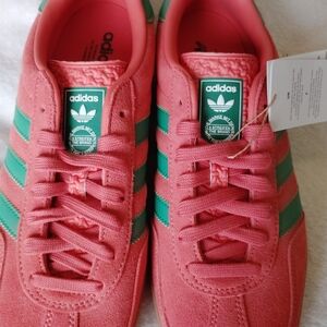 adidas Pink Suede Sneakers with Green Three-Stripes
